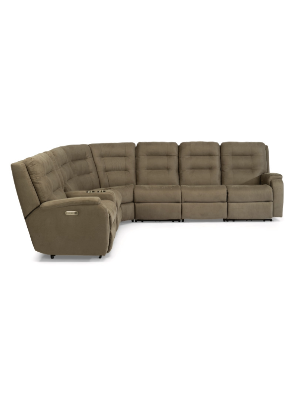 Flexsteel Arlo Sectional in premium leather upholstery, featuring pull-tufted back cushions, rounded pad-over track arms, and a contoured seat with chaise pad.