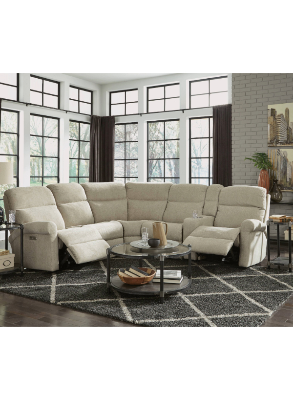 Flexsteel Davis Fabric Power Reclining Sectional in a neutral fabric, featuring rolled arms, contoured seating, and a straight console with cup holders.