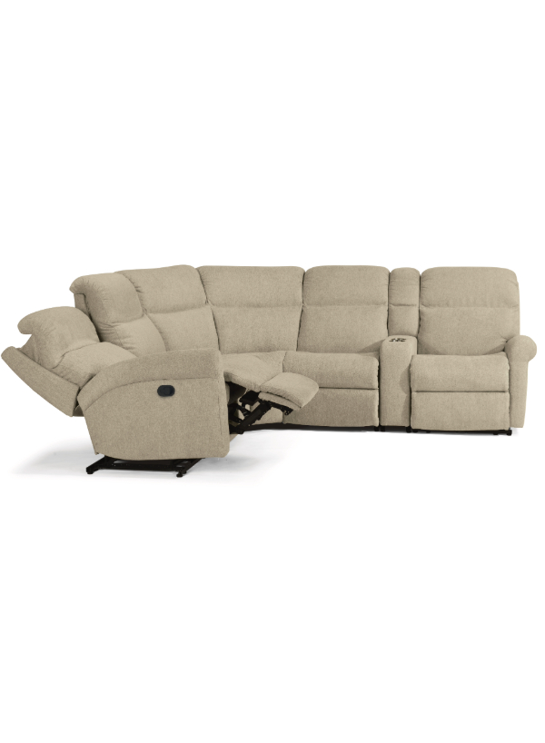 Flexsteel Davis Fabric Power Reclining Sectional in a neutral fabric, featuring rolled arms, contoured seating, and a straight console with cup holders.
