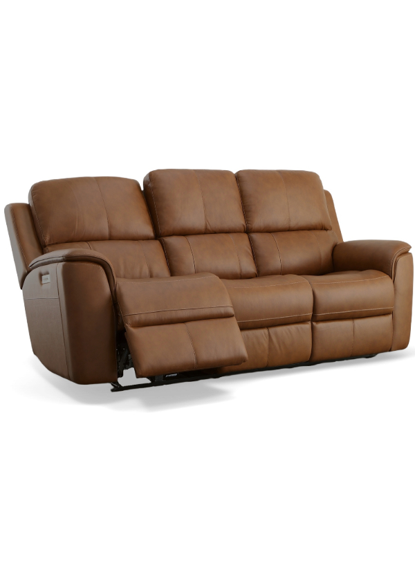 The Henry Reclining Sofa by Flexsteel, upholstered in rich brown leather, featuring plush cushioning, a high back, and a power reclining mechanism for ultimate comfort. Designed with sleek, padded armrests and a smooth reclining function, this sofa offers both style and relaxation for any living space.