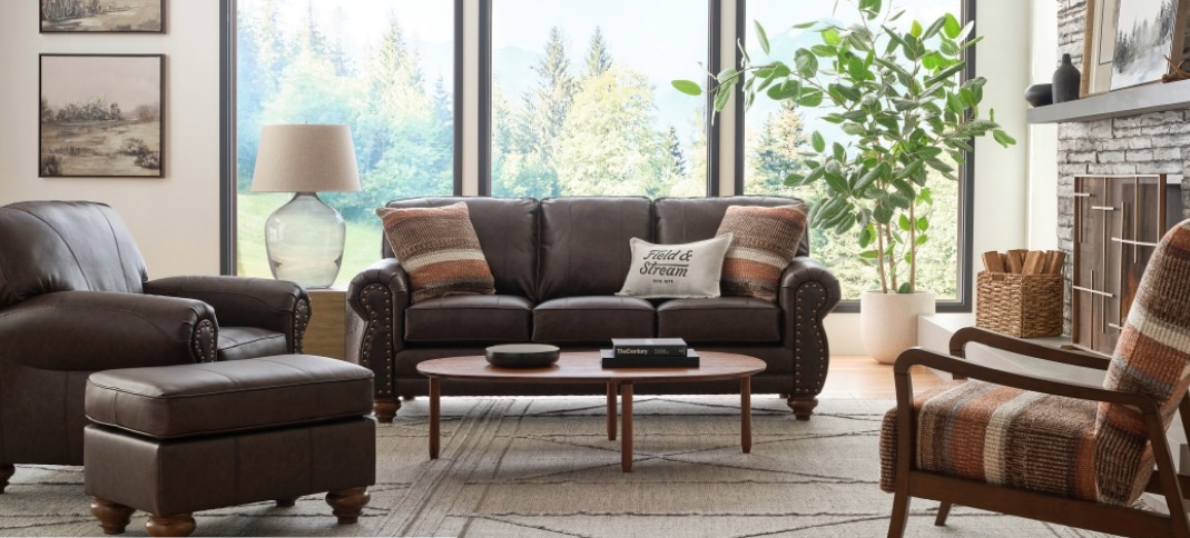 Field & Stream Home Noble Collection leather sofa, chair, and ottoman arranged in a lodge-inspired living room at Meyers Furniture